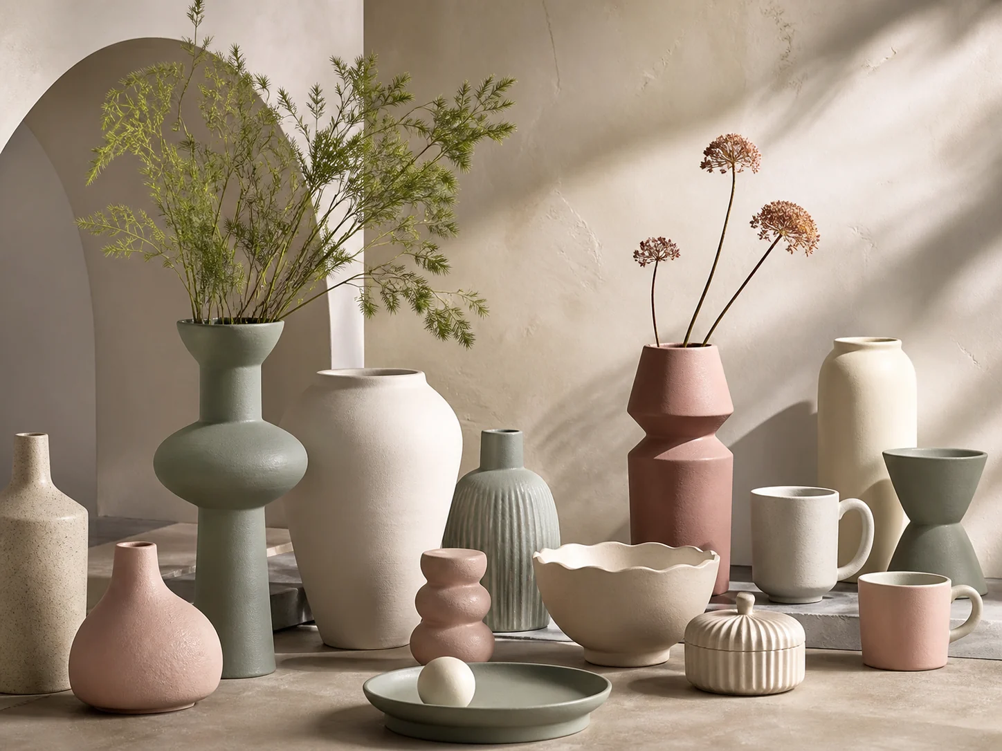 Morandi green, blush and ivory ceramic homeware collection