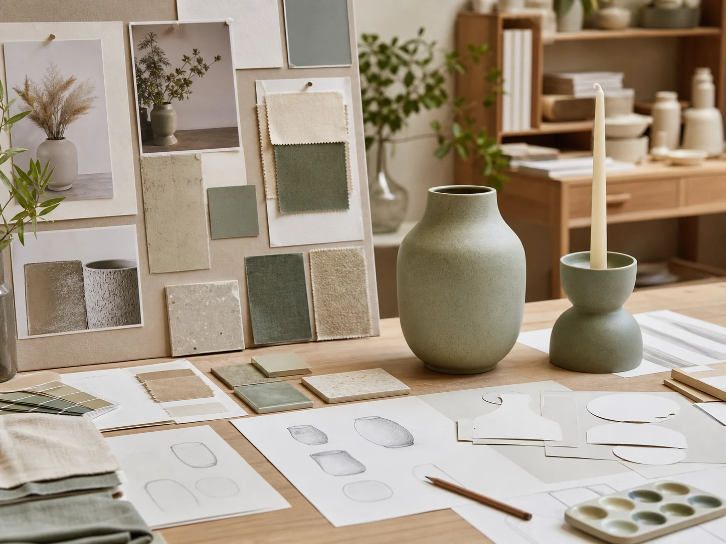 Homeware design mood board, glaze samples and ceramic prototypes