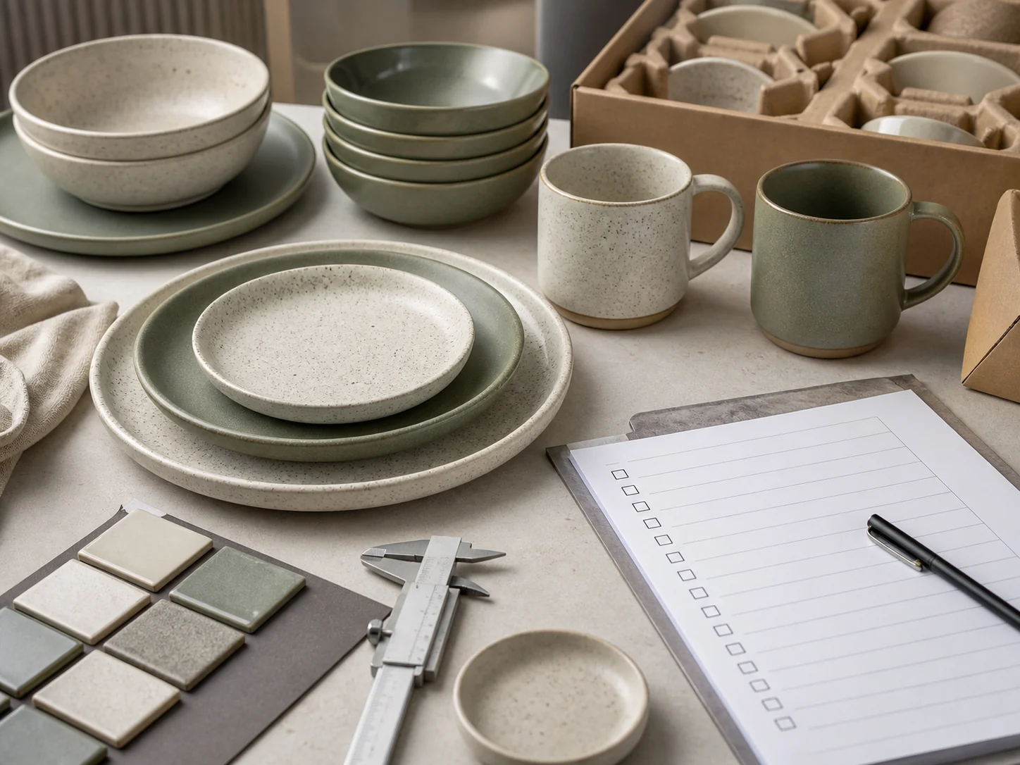 Ceramic tableware quality inspection with glaze samples and packaging