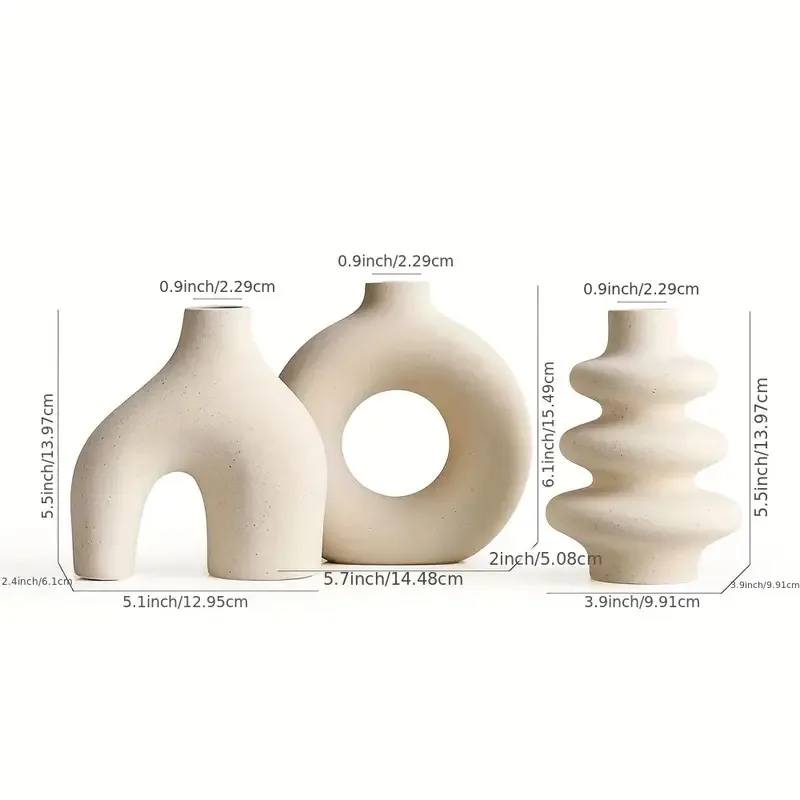 Geometric ceramic vase set dimensions in natural ivory