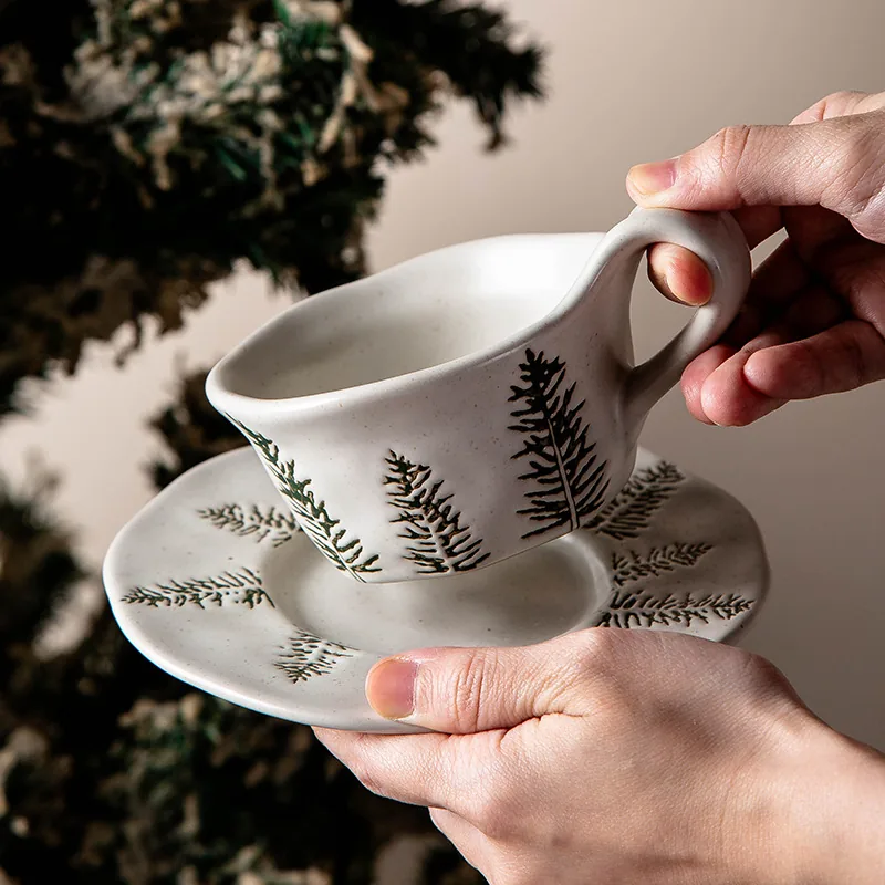 White tree-pattern Christmas ceramic cup and saucer
