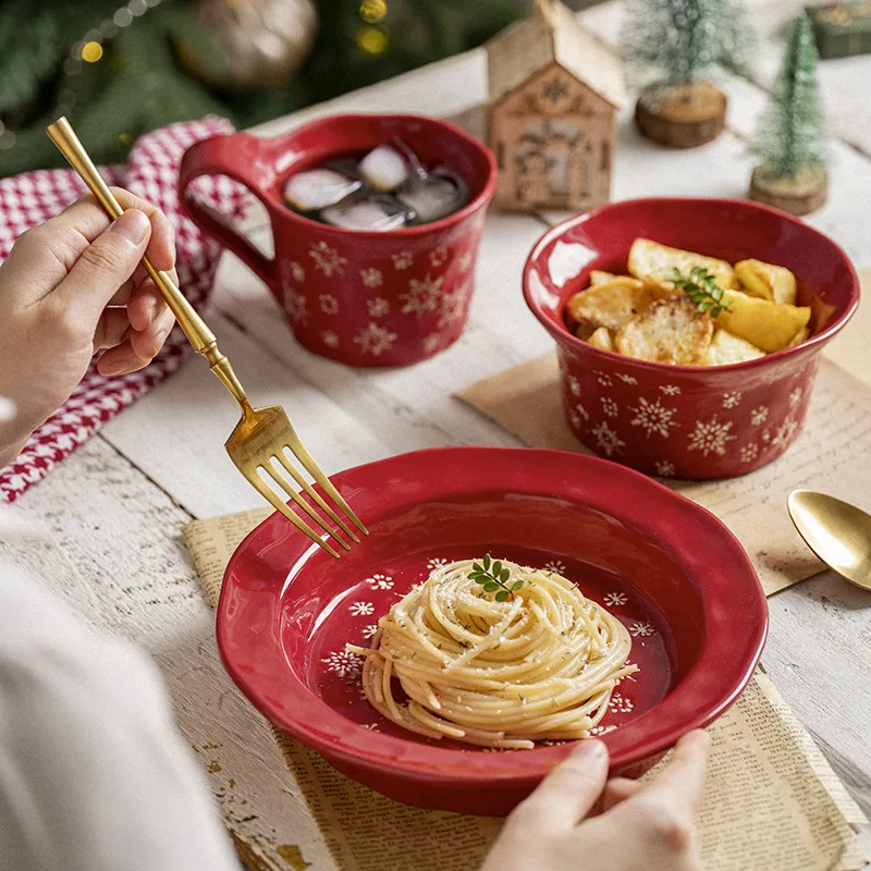 Red Christmas ceramic plate and bowl