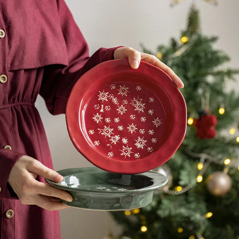 Red and green Christmas ceramic deep plates