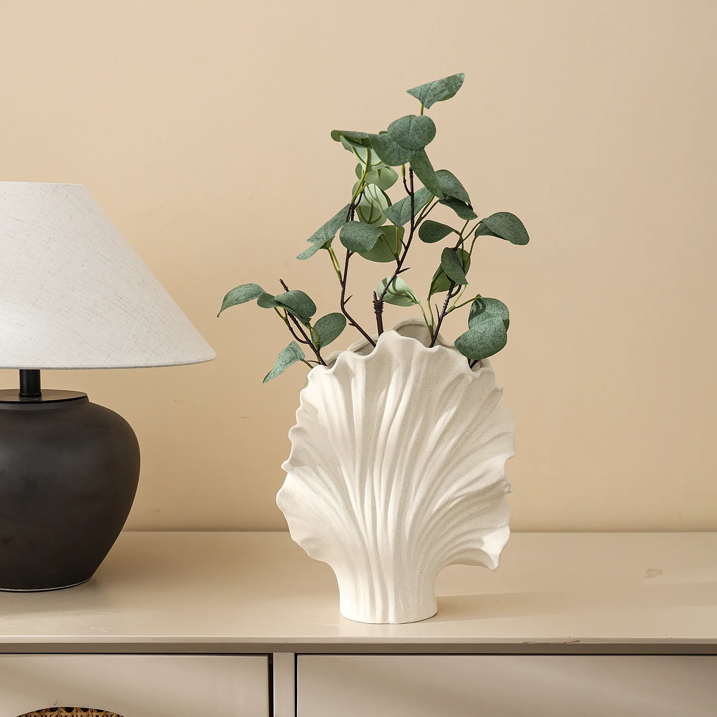 Large white seashell ceramic flower vase