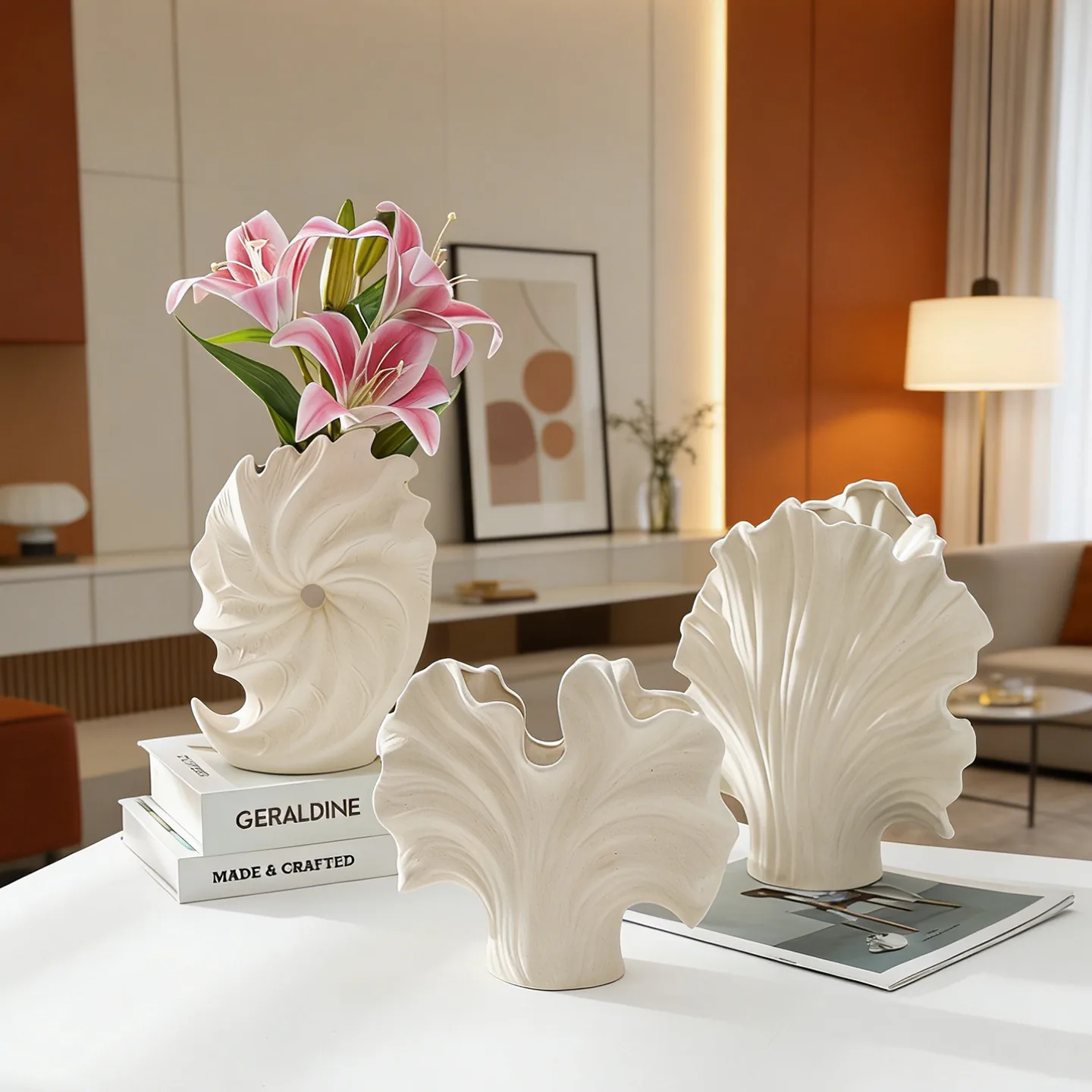 Conch and seashell ceramic vase set in a modern interior