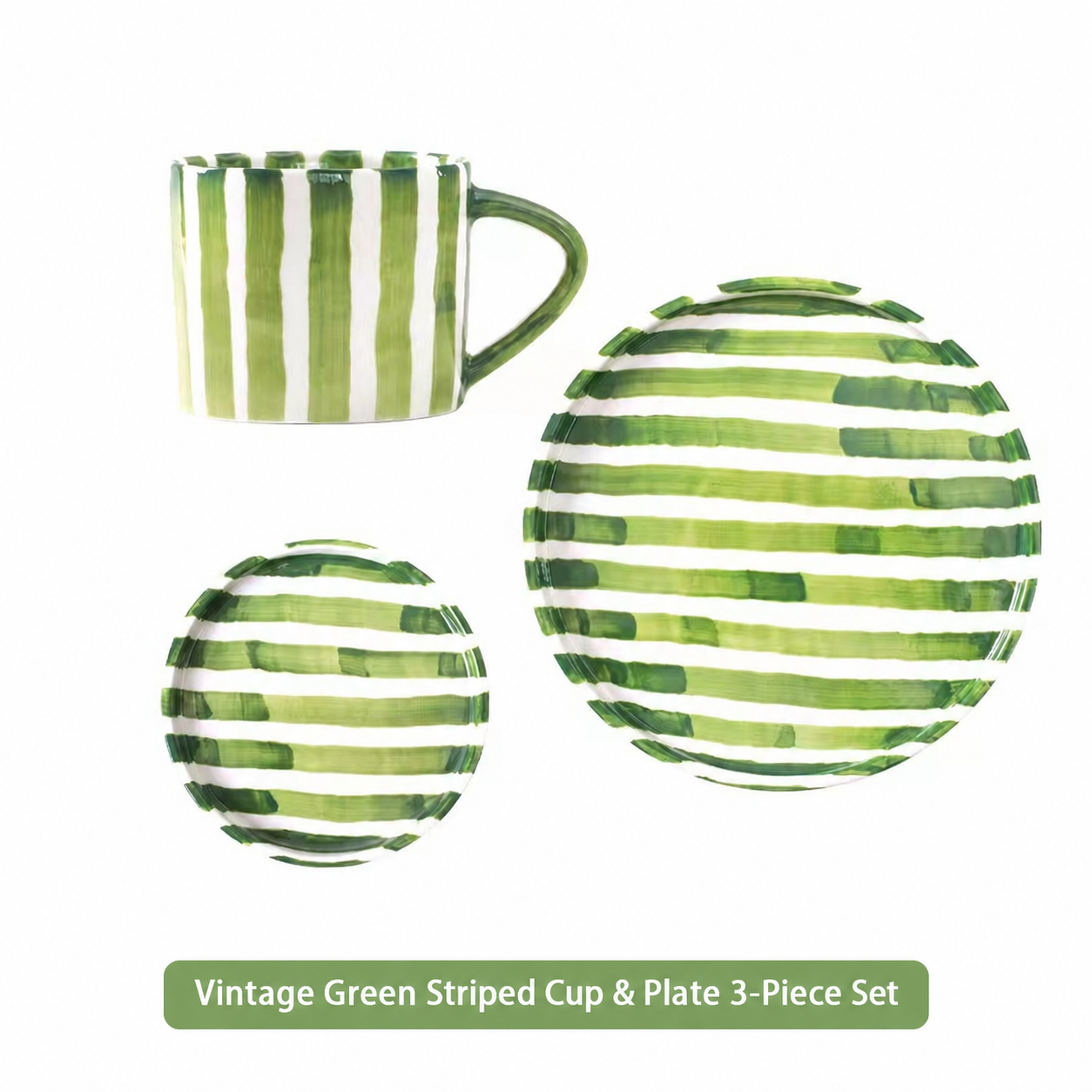 Green striped ceramic three-piece set