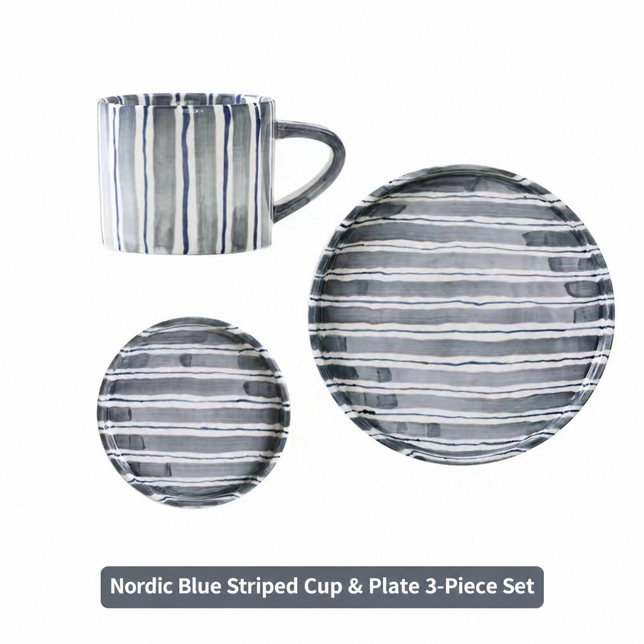 Nordic blue striped ceramic three-piece set