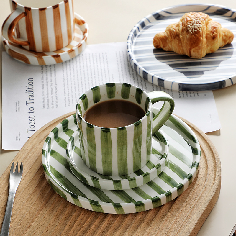 Green striped cup, saucer and dinner plate set