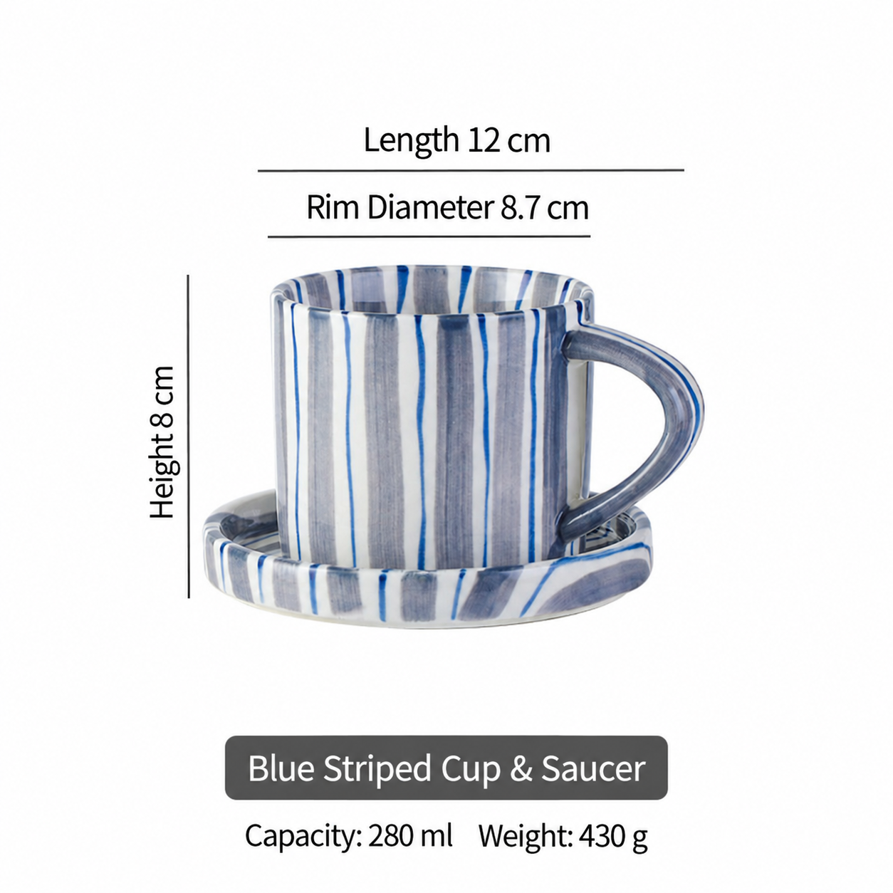 Blue striped cup and saucer dimensions in English