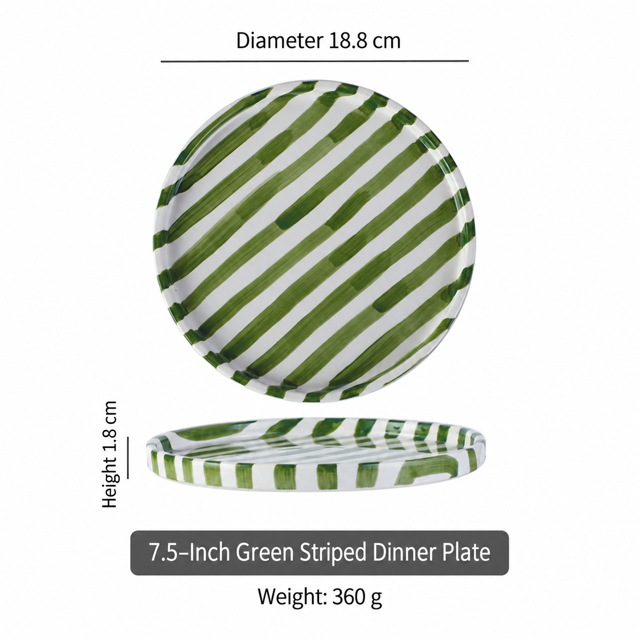 Green striped 7.5-inch dinner plate dimensions in English