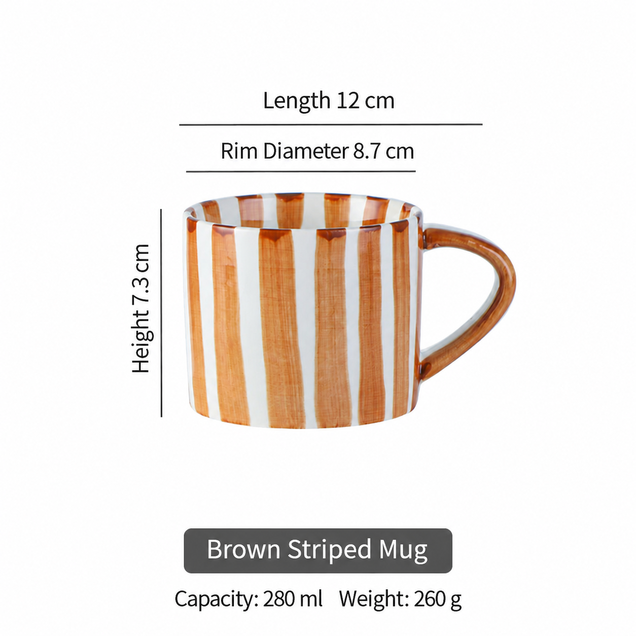 Orange striped mug dimensions in English