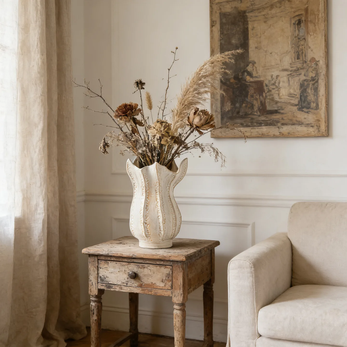Textured white ceramic flower vase on a rustic side table