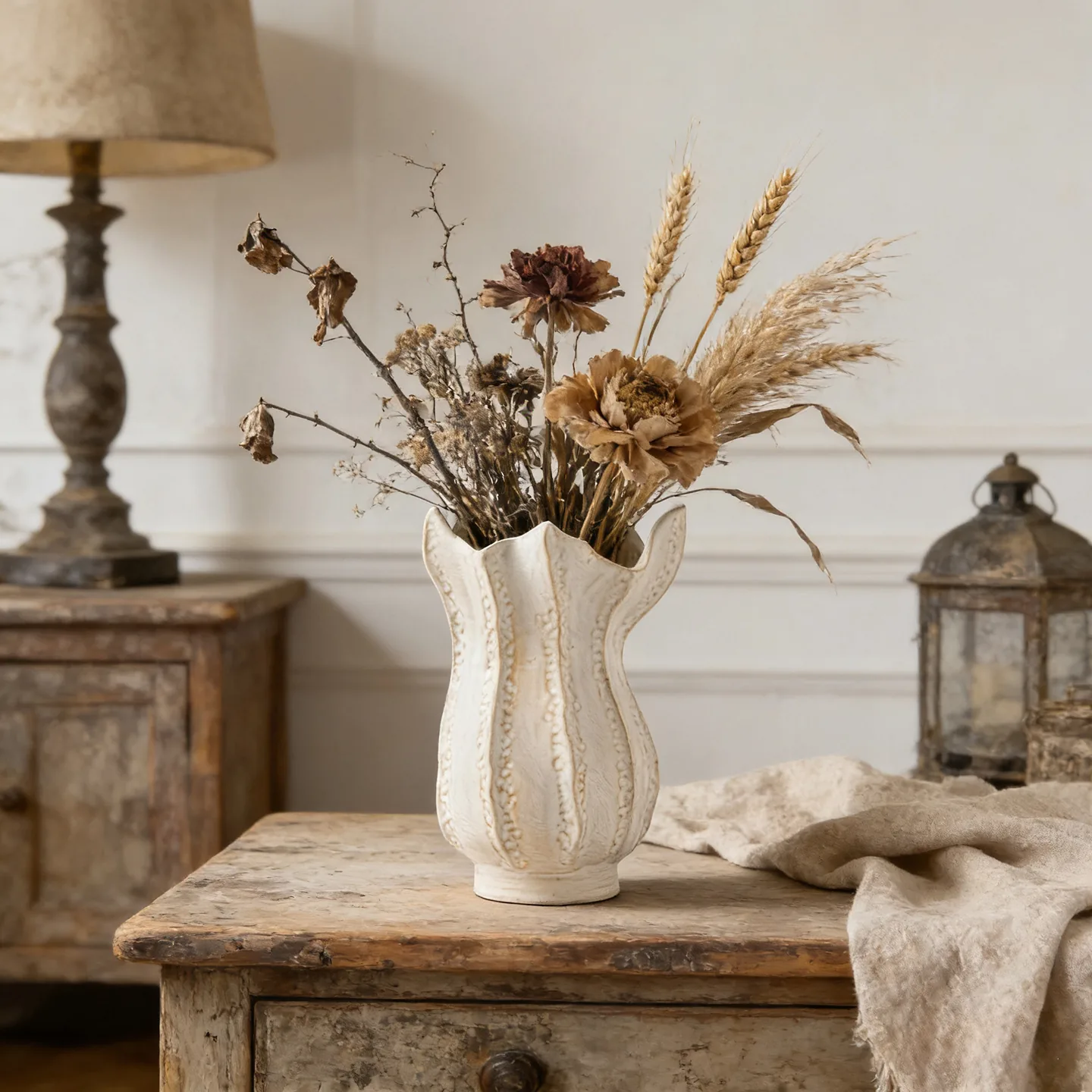 Sculptural petal-rim ceramic vase in a vintage room