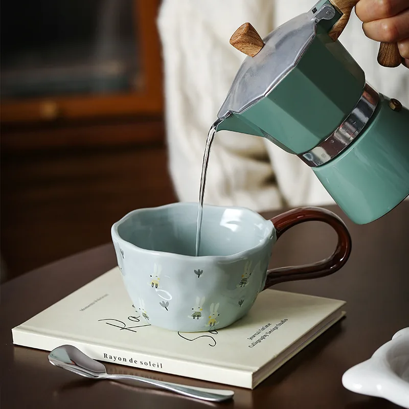 Blue rabbit-pattern ceramic coffee mug