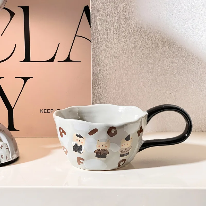 Gray character-pattern ceramic mug with black handle