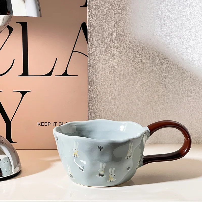 Blue rabbit-pattern ceramic mug product view