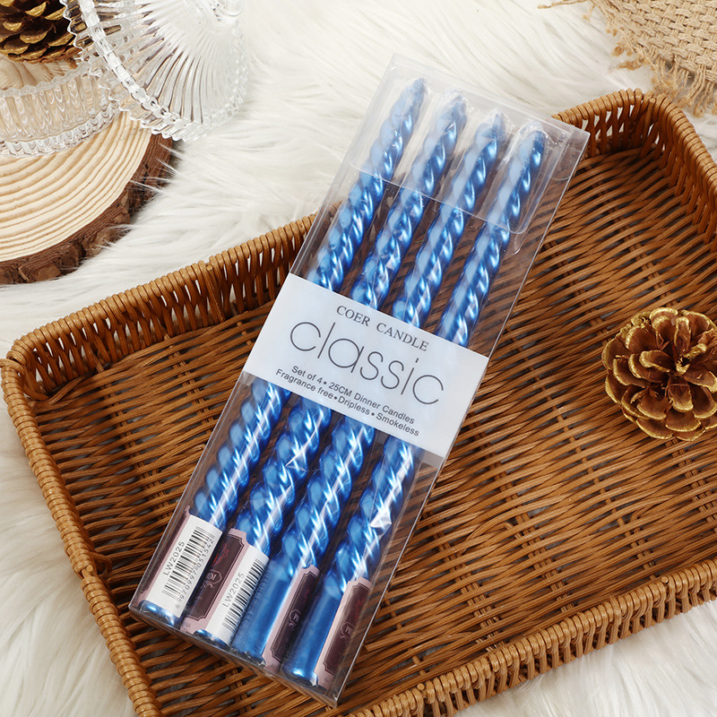 Blue four-piece electroplated spiral taper candle set