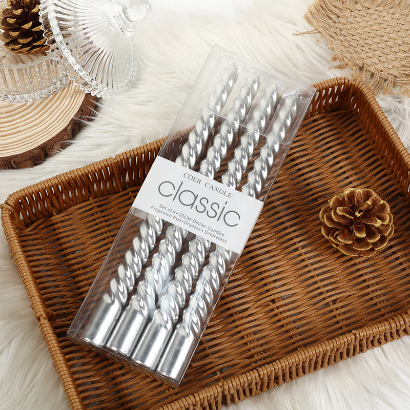 Silver four-piece electroplated spiral taper candle set