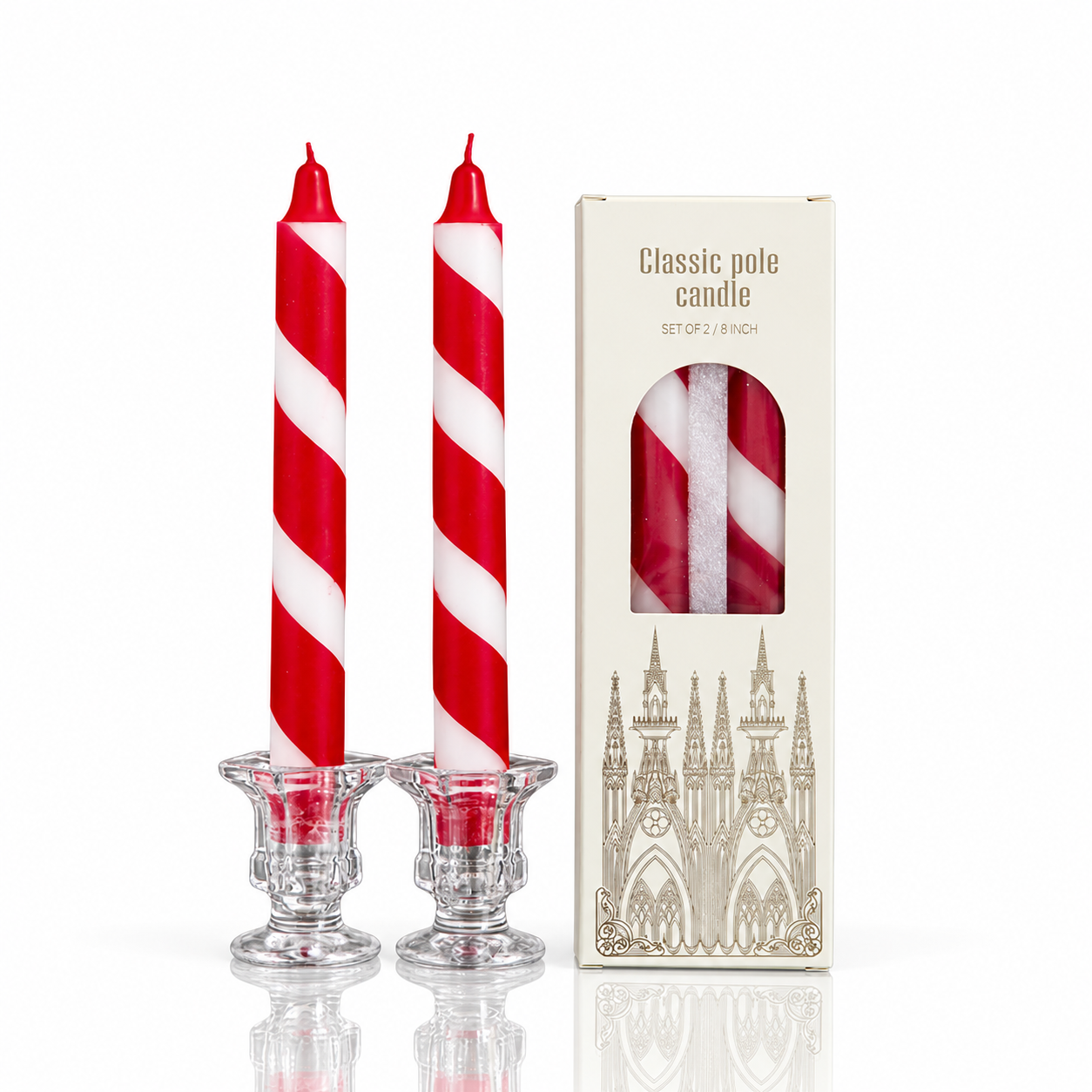 Red and white striped two-piece taper candle gift set