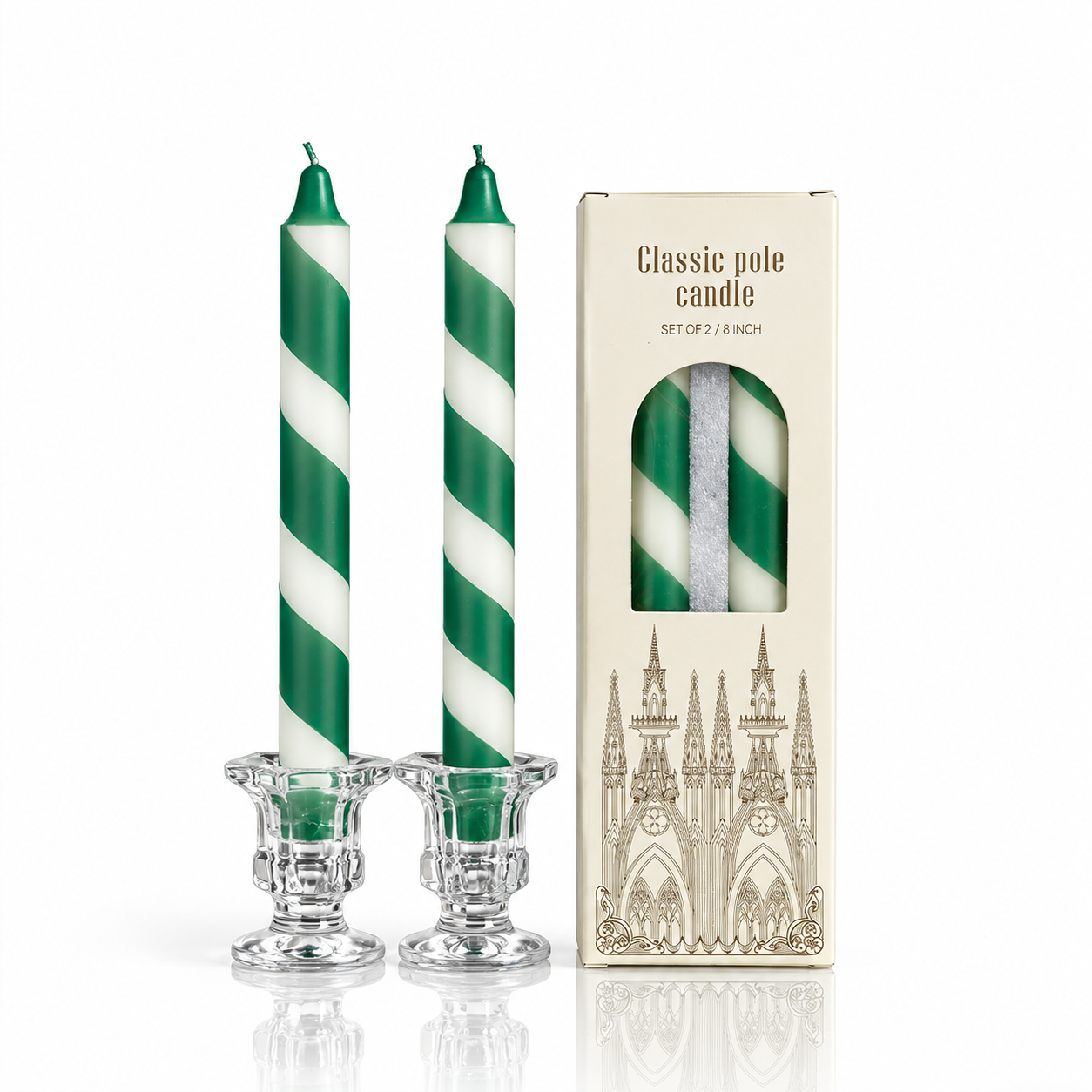 Green and white striped two-piece taper candle gift set