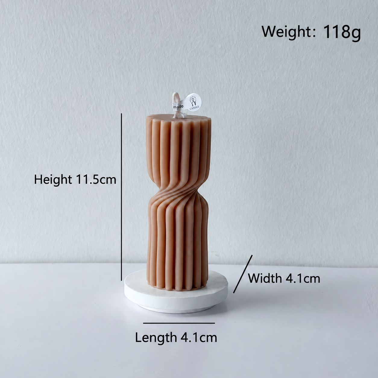 Short ribbed hourglass candle dimensions and 118 gram weight