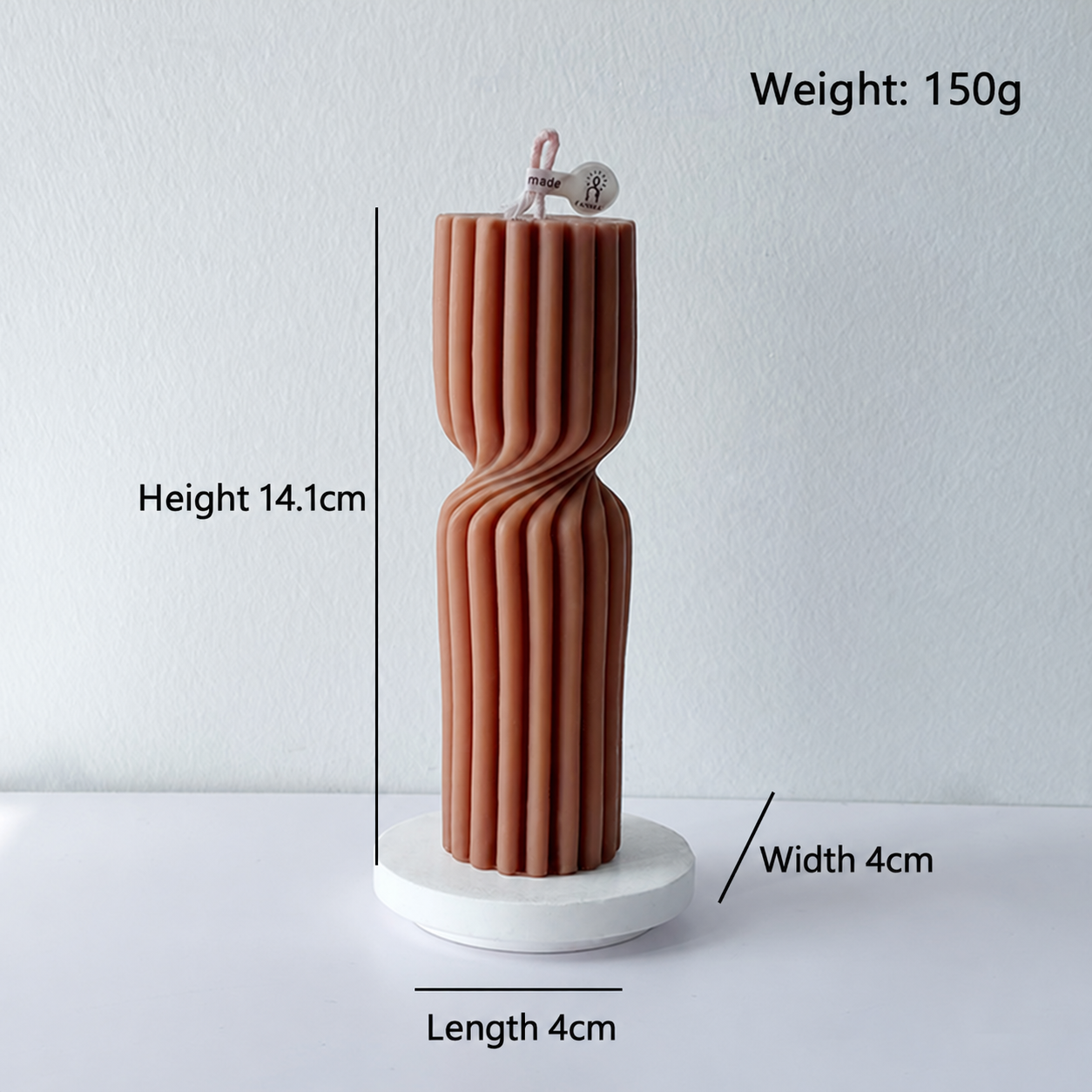 Tall ribbed hourglass candle dimensions and 150 gram weight
