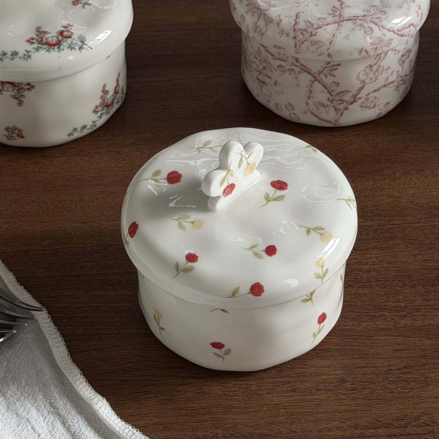 Red and yellow petite floral ceramic dessert bowl with lid