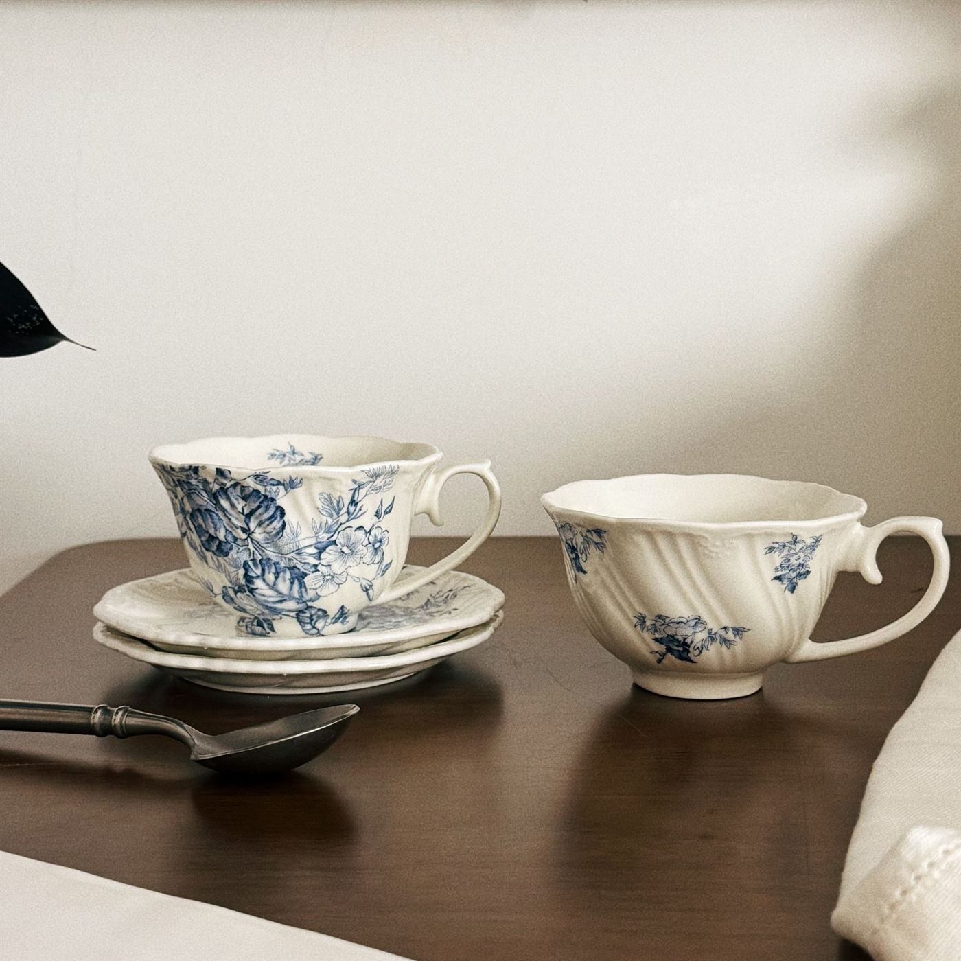 Blue and white coffee cup and saucer designs