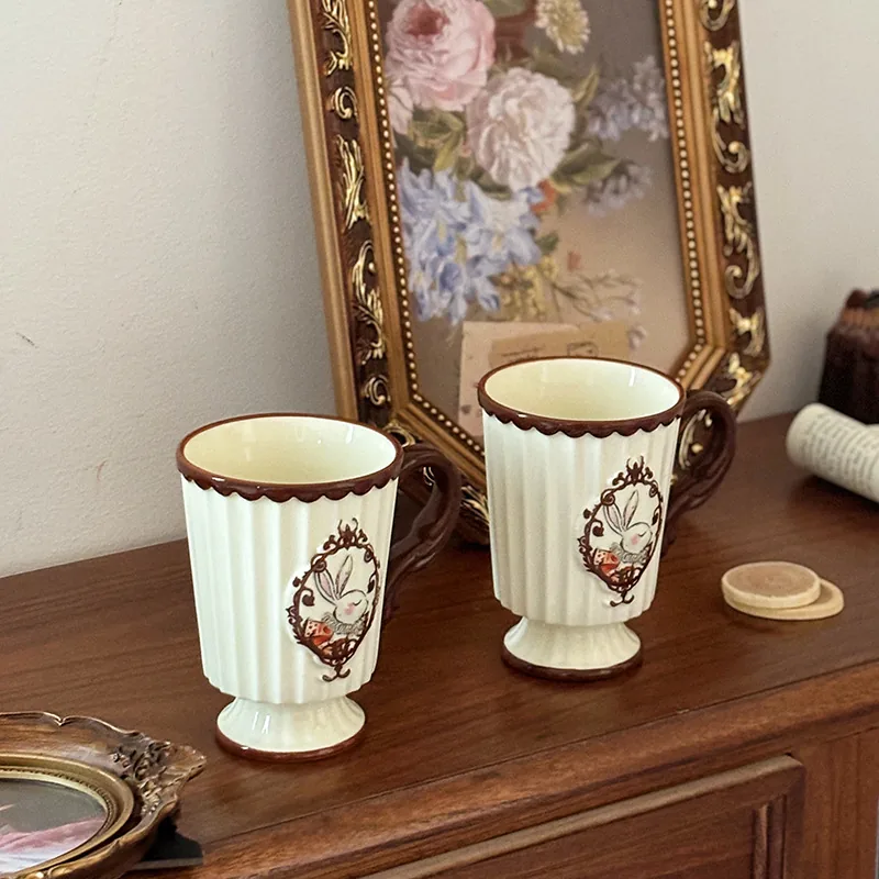 Pair of French vintage rabbit ceramic coffee mugs