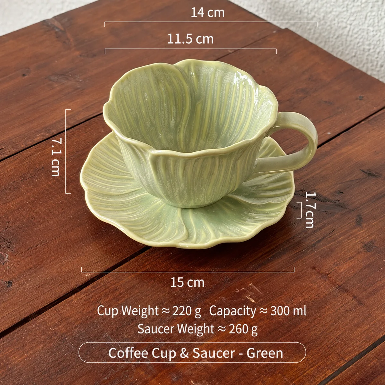 Green reactive glaze ceramic coffee cup and saucer dimensions