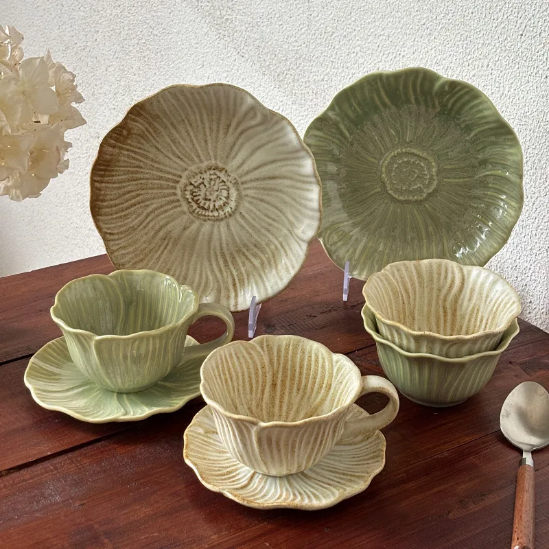 French vintage ceramic cup, bowls and plates in two colors