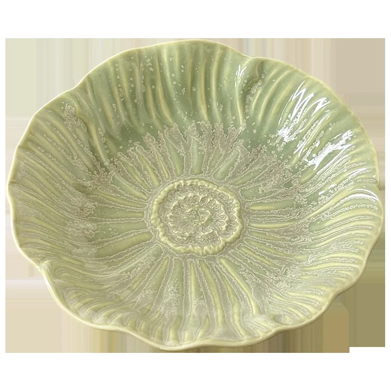 Green floral reactive glaze ceramic deep plate