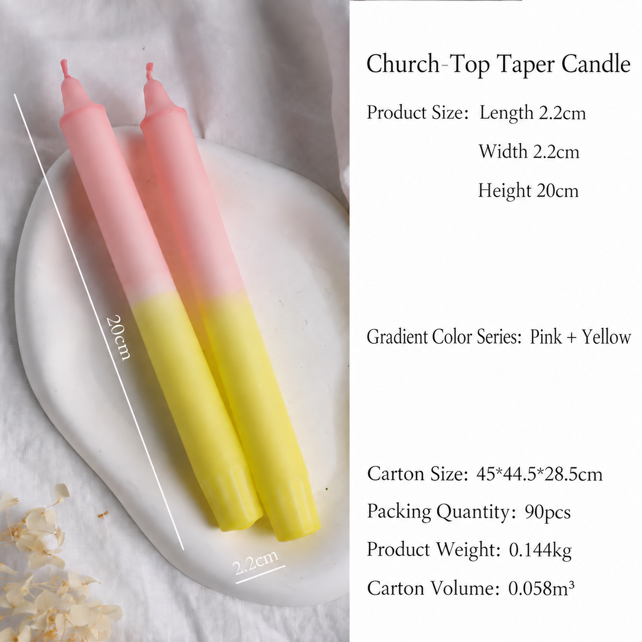 Pink and yellow gradient church-top candle dimensions