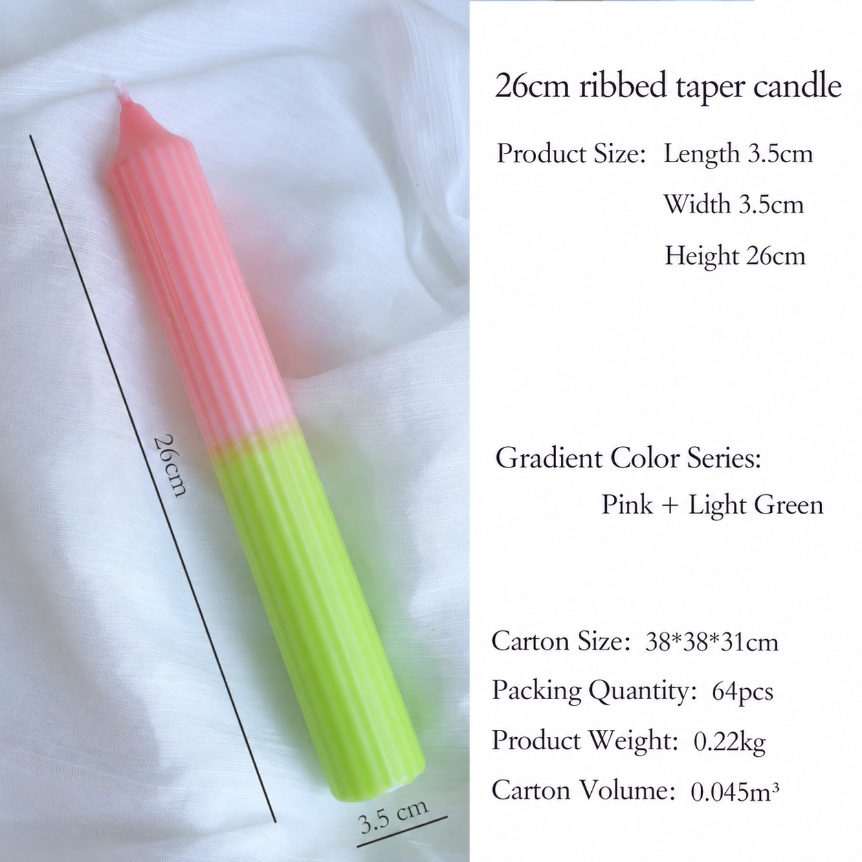 Pink and light green ribbed taper candle dimensions