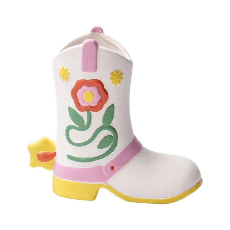 Hand-painted boot ceramic vase on white background