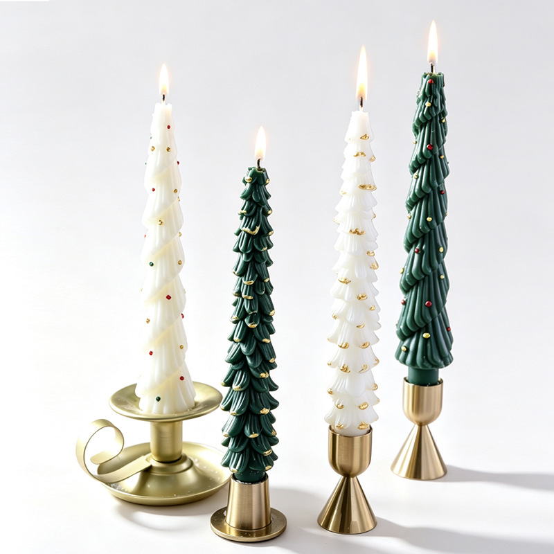 White and green hand-painted Christmas tree candles