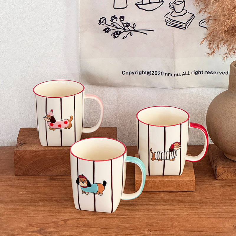 Blue, red and pink dachshund ceramic mugs