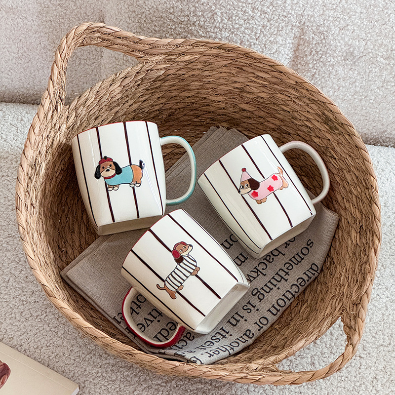 Three dachshund mug colors arranged in a woven basket