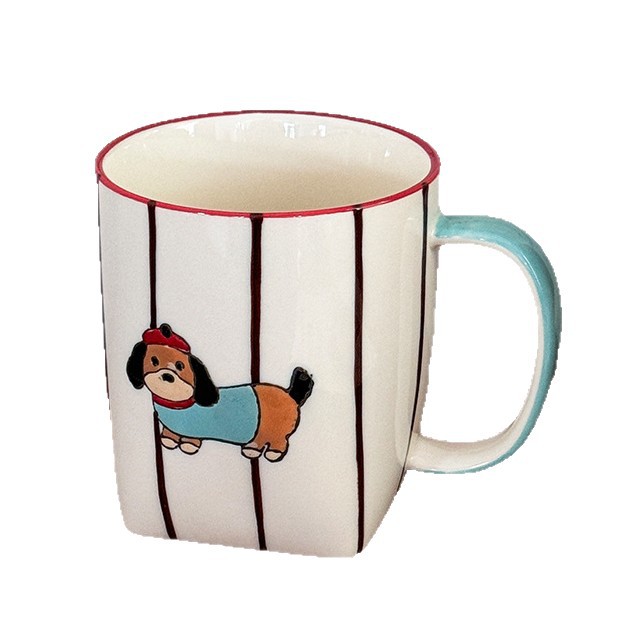Blue dachshund ceramic mug on a white background