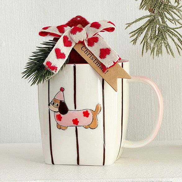 Pink dachshund ceramic mug with festive gift styling