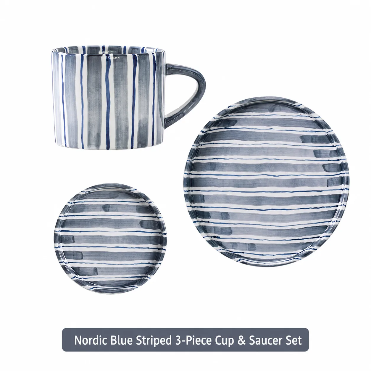 Blue striped ceramic cup, saucer and plate set
