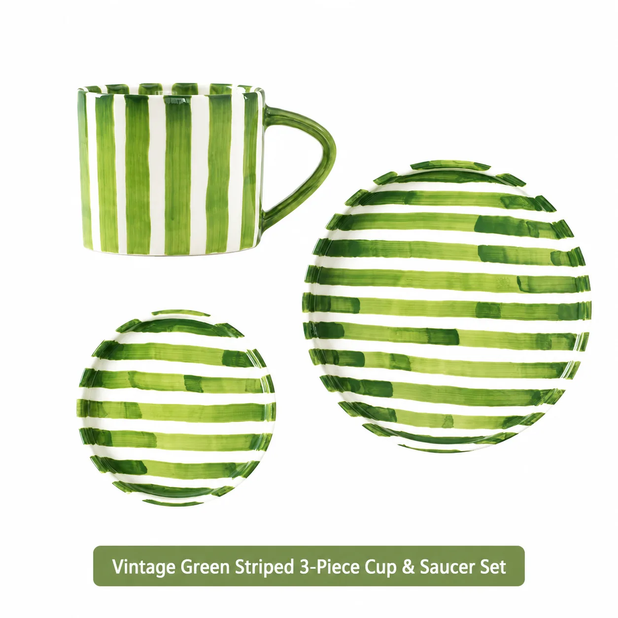 Green striped ceramic cup, saucer and plate set