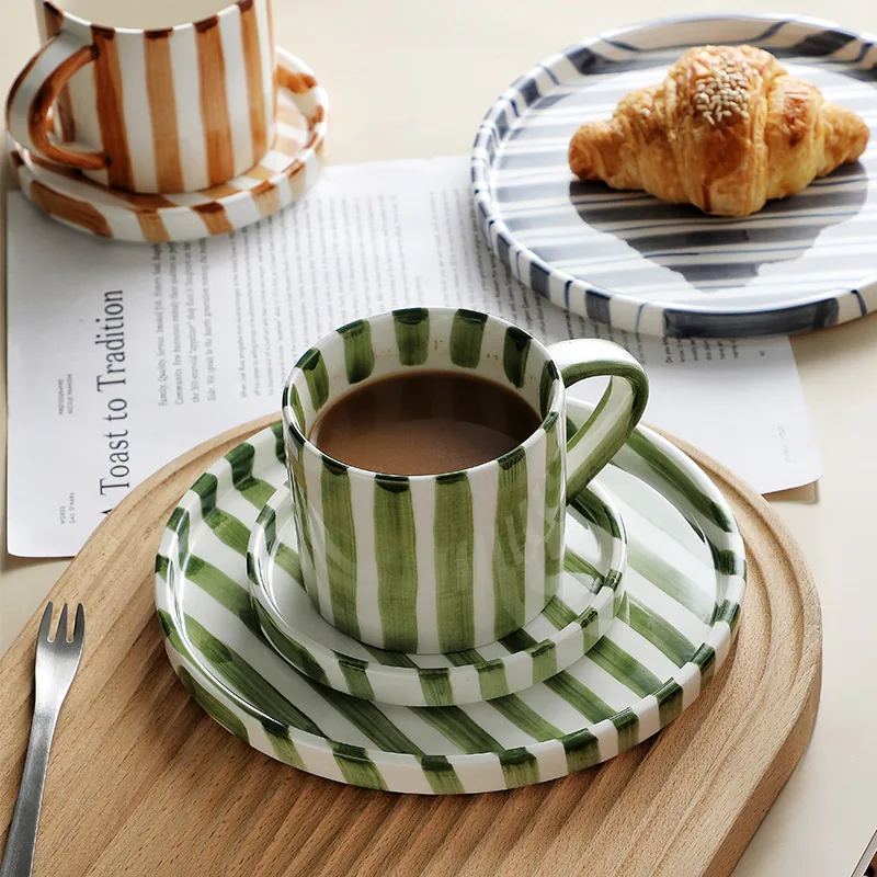 Green striped ceramic three-piece coffee set