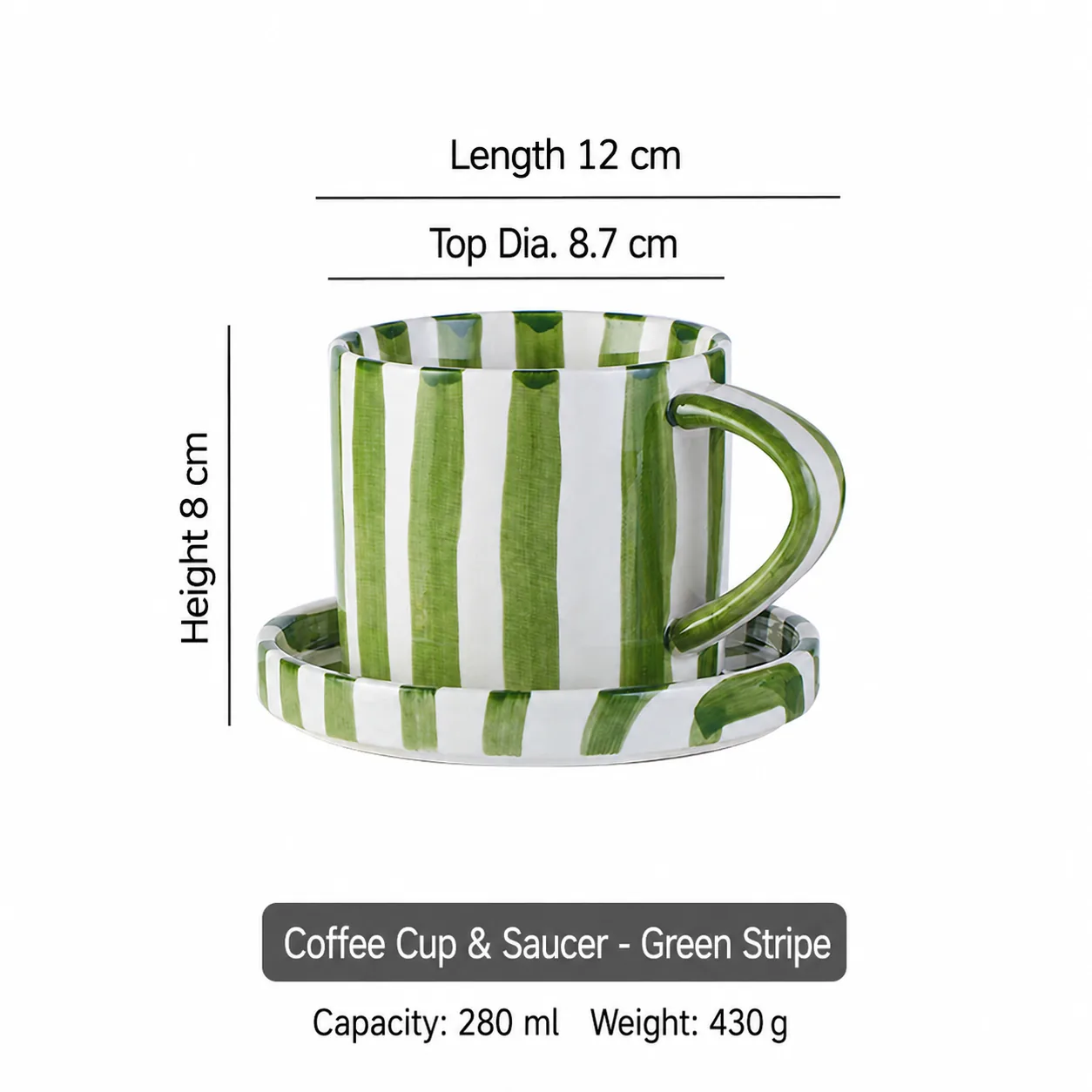 Green striped coffee cup and saucer dimensions