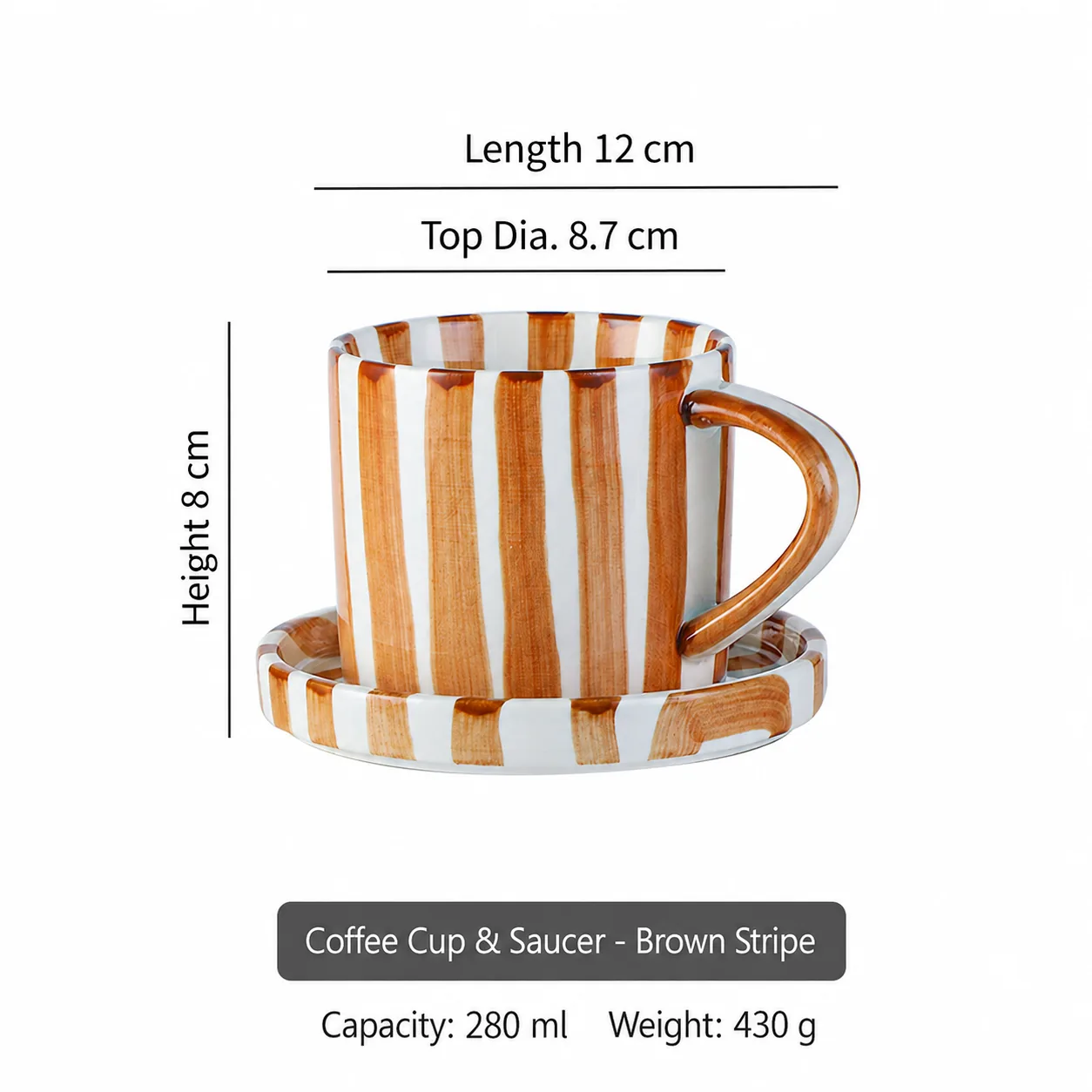 Orange striped coffee cup and saucer dimensions