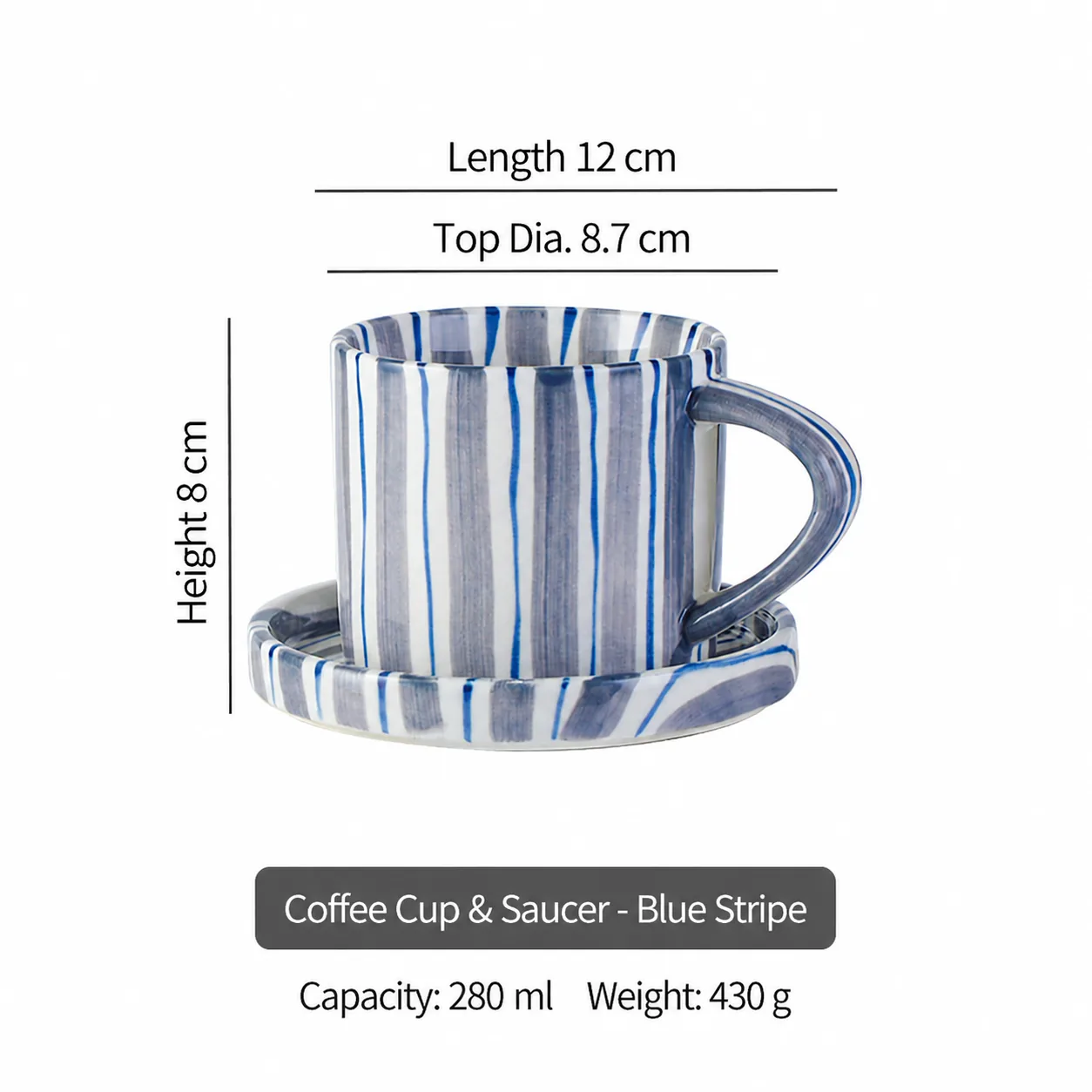 Blue striped coffee cup and saucer dimensions