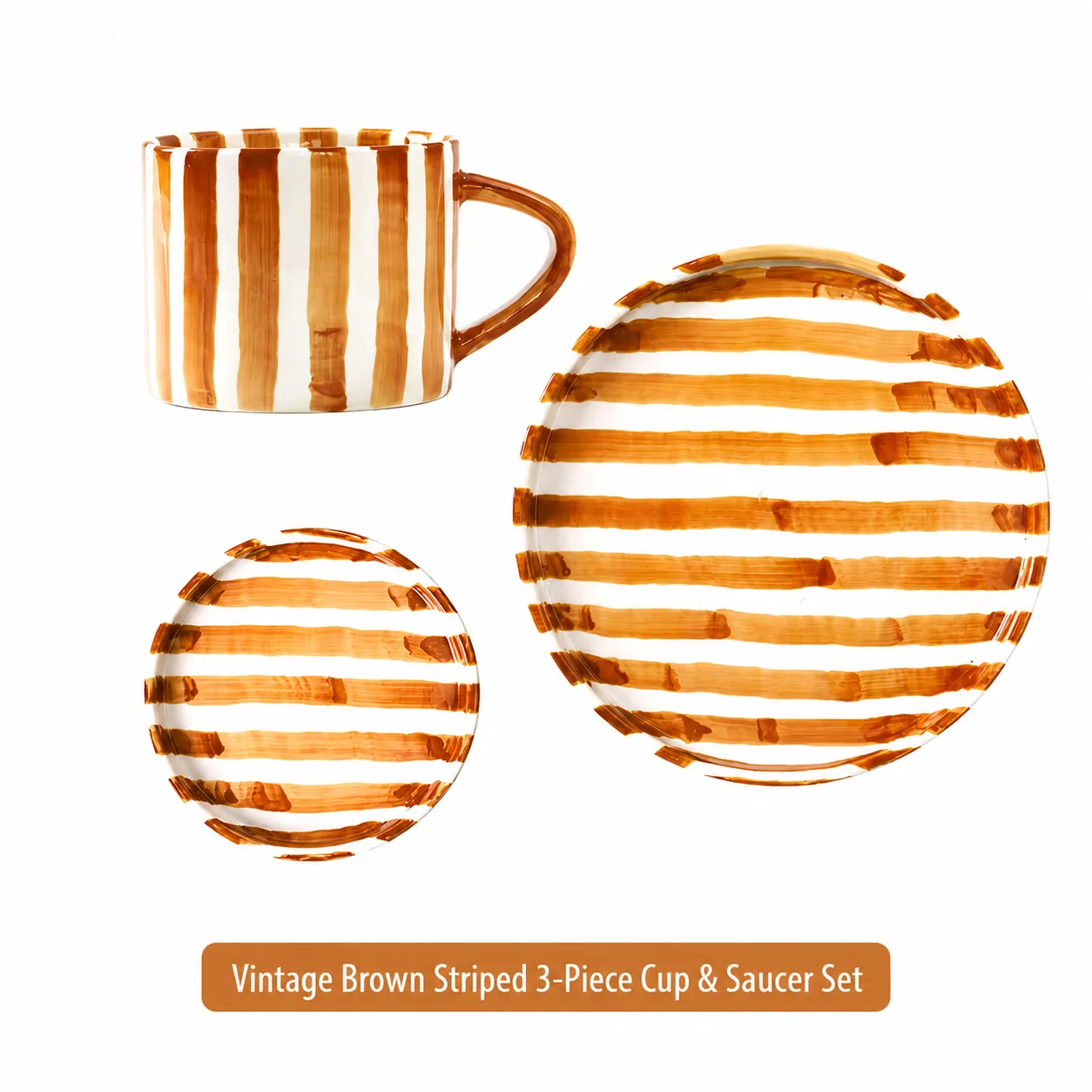 Orange striped ceramic cup, saucer and plate set