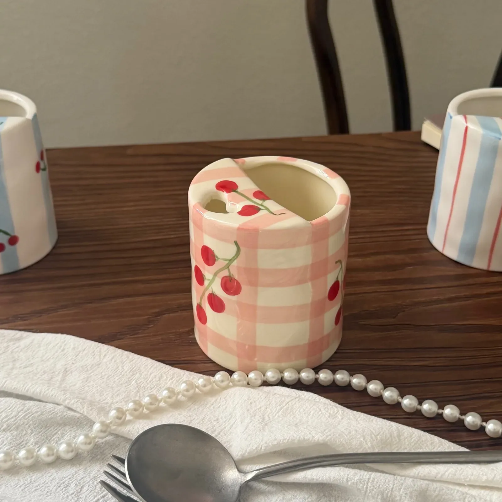 Pink gingham cherry ceramic mug