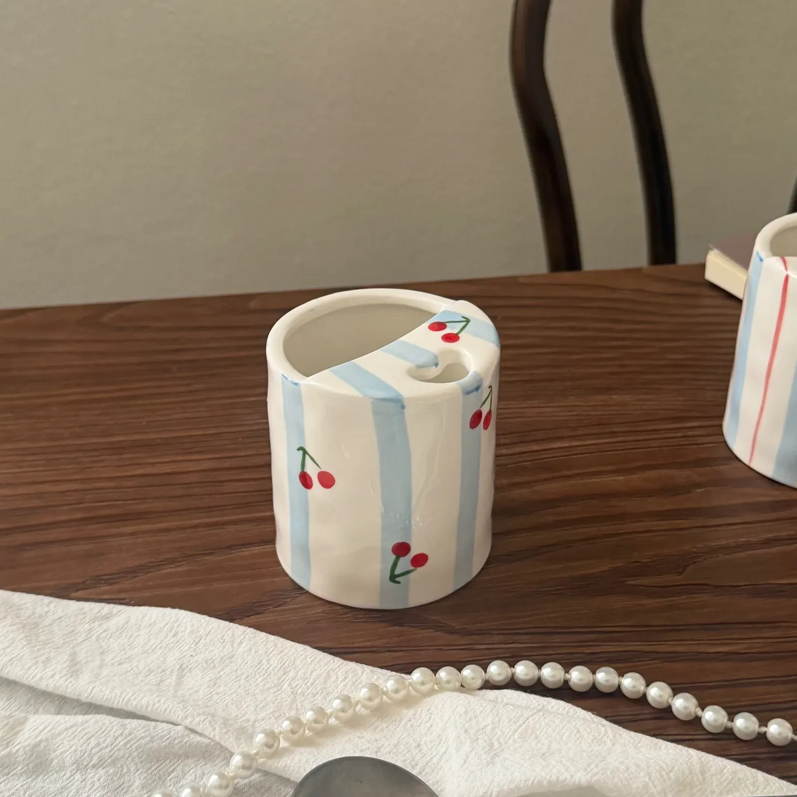 Blue stripe and cherry ceramic mug