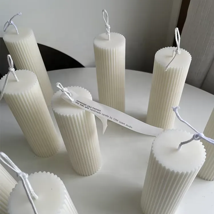 White ribbed soy wax pillar candle collection